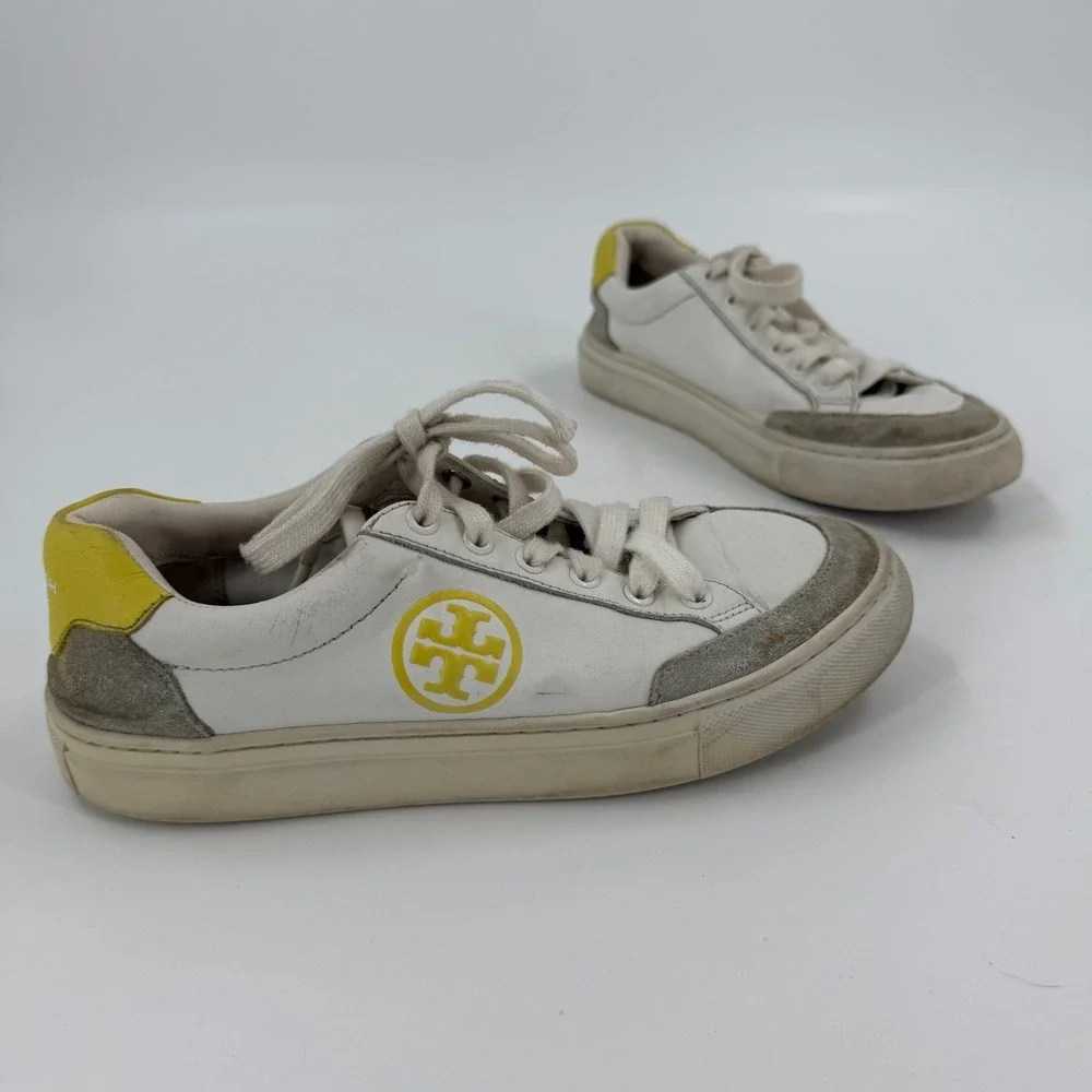 Tory Burch Bari Nappa Sneakers Womens 7 White Gray Leather Athletic Lace Up